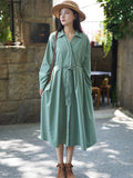 Casual Long Sleeves Loose Drawstring Tied Solid Color Lapel Collar Midi Dresses