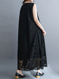 Momentlover A-Line Loose Lacy See-Through Solid Color Split-Side Round-Neck Midi Dresses