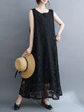 Momentlover A-Line Loose Lacy See-Through Solid Color Split-Side Round-Neck Midi Dresses