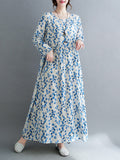 Momentlover Split-Joint Flower Print Loose Long Sleeves Round-Neck Midi Dresses