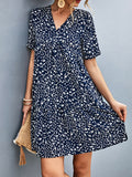 Momentlover Split-Joint Flower Print Short Sleeves V-Neck Mini Dresses