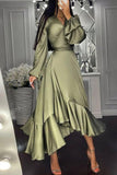 Momentlover Vintage Elegant Solid Flounce Solid Color Irregular Dress Dresses