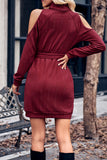 Momentlover Sexy Solid Bandage Turtleneck Long Sleeve Dresses