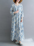 Momentlover Split-Joint Flower Print Loose Long Sleeves Round-Neck Midi Dresses