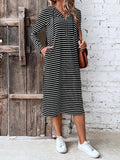 Long Sleeves Loose Drawstring Striped Zipper Hooded Midi Dresses