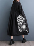 Momentlover Striped Buttoned Asymmetric Loose Long Sleeves Lapel Midi Dresses