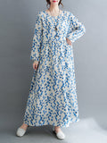 Momentlover Split-Joint Flower Print Loose Long Sleeves Round-Neck Midi Dresses