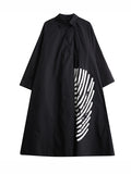 Momentlover Striped Buttoned Asymmetric Loose Long Sleeves Lapel Midi Dresses