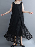 Momentlover A-Line Loose Lacy See-Through Solid Color Split-Side Round-Neck Midi Dresses