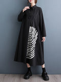 Momentlover Striped Buttoned Asymmetric Loose Long Sleeves Lapel Midi Dresses