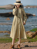 Casual Long Sleeves Loose Drawstring Tied Solid Color Lapel Collar Midi Dresses