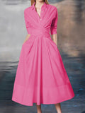 momentlover Stylish A-Line Long Sleeves Pleated Solid Color Lapel Midi Dresses