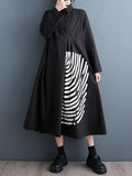 Momentlover Striped Buttoned Asymmetric Loose Long Sleeves Lapel Midi Dresses