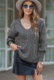 Momentlover V-Neck Lantern Sleeve Slit Sweater