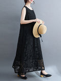 Momentlover A-Line Loose Lacy See-Through Solid Color Split-Side Round-Neck Midi Dresses