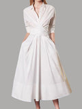 momentlover Stylish A-Line Long Sleeves Pleated Solid Color Lapel Midi Dresses