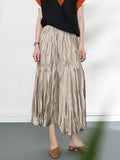 Momentlover Solid Color Pleated Elasticity High Waisted A-line Skirts Bottoms