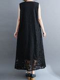 Momentlover A-Line Loose Lacy See-Through Solid Color Split-Side Round-Neck Midi Dresses