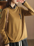 Momentlover Pockets Contrast Color Loose Long Sleeves High Neck T-Shirts Tops