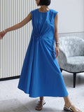 Loose Sleeveless Asymmetric Drawstring Pleated Solid Color Tied Round-Neck Midi Dresses