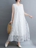 Momentlover A-Line Loose Lacy See-Through Solid Color Split-Side Round-Neck Midi Dresses