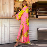 Print Retro Embroidered Green Bat Sleeve Kaftan Woman Clothes Vintage Tassel Summer Dress Beach Wear Maxi Dresses A1048