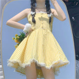 Summer Kawaii Lolita Strap Dress Women Patchwork Lace Japanese Sweet Cute Mini Dresses Yellow Plaid Fairy Tale Casual Dress