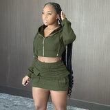 Sexy Knitted 2 Piece Sets Womens Outfits Zip Up Cropped Jacket And Skirt Matching Sets Hoodie Dress Suits