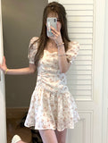 Summer Elegant Kawaii Floral Dress Women Print Korean Sweet Cute Party Mini Dress Puff Sleeve Pretty Fairy Summer Sundress