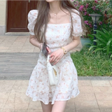 Summer Elegant Kawaii Floral Dress Women Print Korean Sweet Cute Party Mini Dress Puff Sleeve Pretty Fairy Summer Sundress