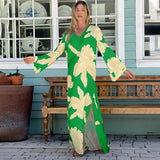 Print Retro Embroidered Green Bat Sleeve Kaftan Woman Clothes Vintage Tassel Summer Dress Beach Wear Maxi Dresses A1048