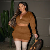 Sexy Knitted 2 Piece Sets Womens Outfits Zip Up Cropped Jacket And Skirt Matching Sets Hoodie Dress Suits