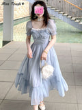 Summer Blue Elegant Fairy Dress Women Bow Bandage Party Midi Dresses Casual Korean Fashion Lace Chic Lolita Dress Female