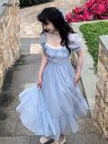 Summer Blue Elegant Fairy Dress Women Bow Bandage Party Midi Dresses Casual Korean Fashion Lace Chic Lolita Dress Female