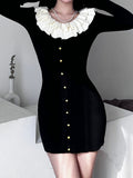 Korean Fashion Ruffles Patchwork Bodycon Knitted Sweater Dress Black Buttons Slim Autumn Casua Dresses Sweet Outfits