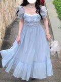 Summer Blue Elegant Fairy Dress Women Bow Bandage Party Midi Dresses Casual Korean Fashion Lace Chic Lolita Dress Female