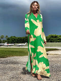 Print Retro Embroidered Green Bat Sleeve Kaftan Woman Clothes Vintage Tassel Summer Dress Beach Wear Maxi Dresses A1048