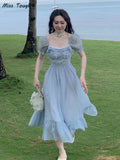 Summer Blue Elegant Fairy Dress Women Bow Bandage Party Midi Dresses Casual Korean Fashion Lace Chic Lolita Dress Female