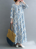 Momentlover Split-Joint Flower Print Loose Long Sleeves Round-Neck Midi Dresses