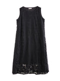 Momentlover A-Line Loose Lacy See-Through Solid Color Split-Side Round-Neck Midi Dresses