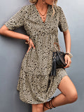 Momentlover Split-Joint Flower Print Short Sleeves V-Neck Mini Dresses