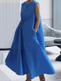 Loose Sleeveless Asymmetric Drawstring Pleated Solid Color Tied Round-Neck Midi Dresses