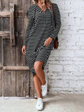 Long Sleeves Loose Drawstring Striped Zipper Hooded Midi Dresses