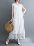 Momentlover A-Line Loose Lacy See-Through Solid Color Split-Side Round-Neck Midi Dresses