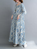 Momentlover Split-Joint Flower Print Loose Long Sleeves Round-Neck Midi Dresses