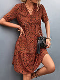 Momentlover Split-Joint Flower Print Short Sleeves V-Neck Mini Dresses