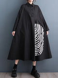 Momentlover Striped Buttoned Asymmetric Loose Long Sleeves Lapel Midi Dresses