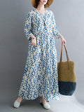 Momentlover Split-Joint Flower Print Loose Long Sleeves Round-Neck Midi Dresses