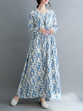 Momentlover Split-Joint Flower Print Loose Long Sleeves Round-Neck Midi Dresses