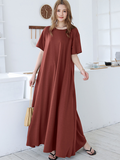 Momentlover Simple Loose Short Sleeves Solid Color Round-Neck Maxi Dresses